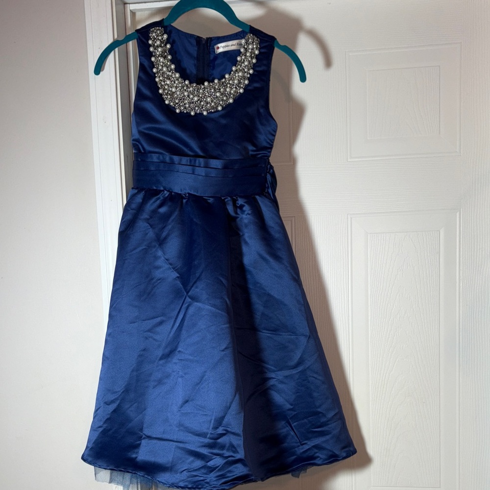 Elegant Navy Blue Kids Dress with Pearl Detailing